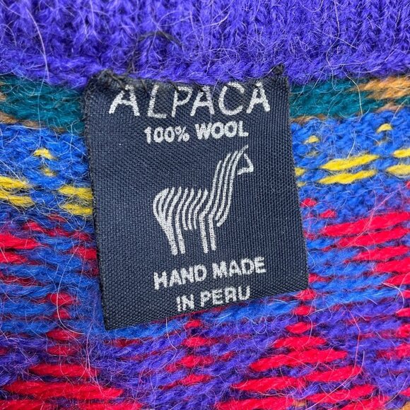Alpaca Vest‎ Women Small Blue Red Yellow Stripe Sweater Hand Knit Wool Peru VTG - Picture 3 of 8